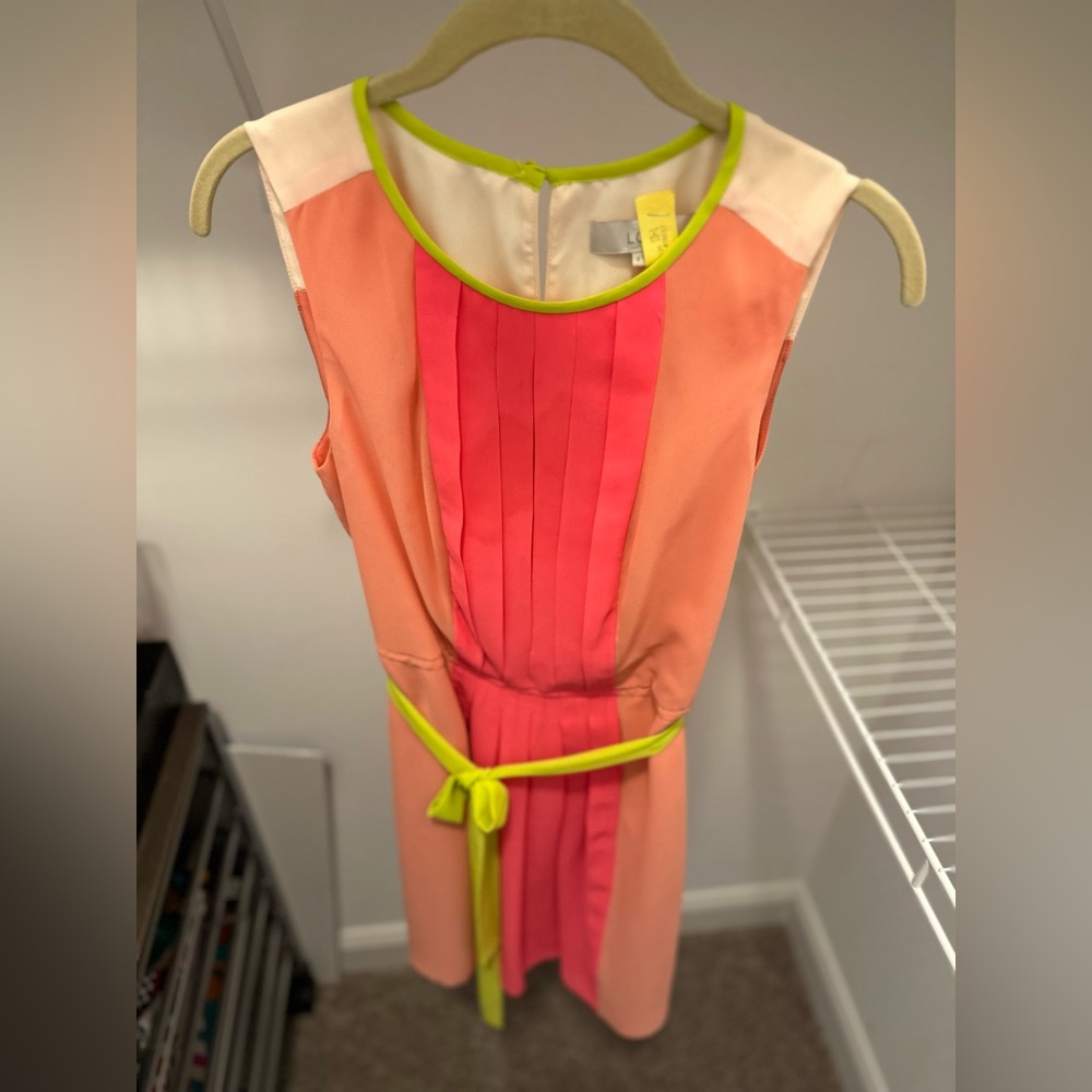 LOFT Pink and Orange Pleated Sheath Dress